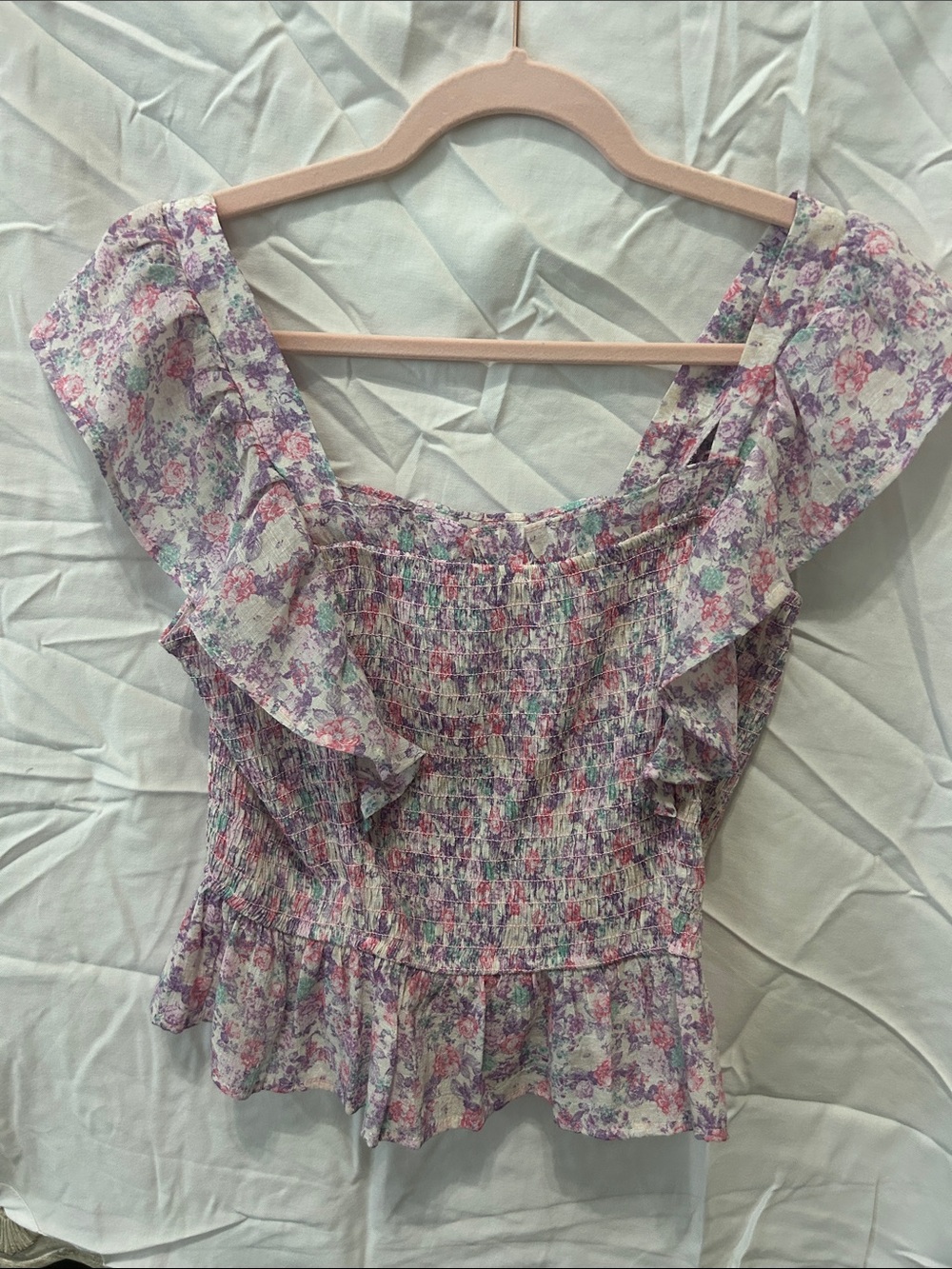 mine Floral Smocked Peplum Top in Lavender and Pink